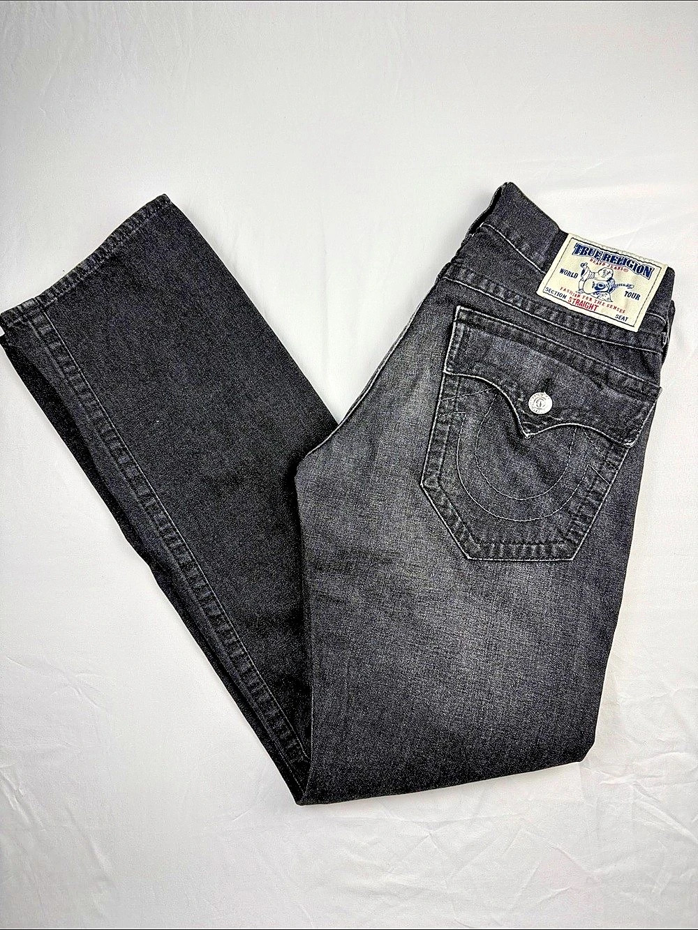 True Religion Men's Charcoal Black Straight with Flaps Denim Jeans Size 30